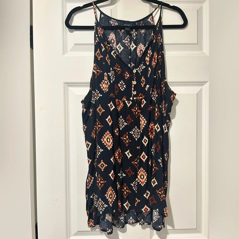 Daytrip Navy Crinkle Henley Flowy Tunic Tank Top - Picture 2 of 14